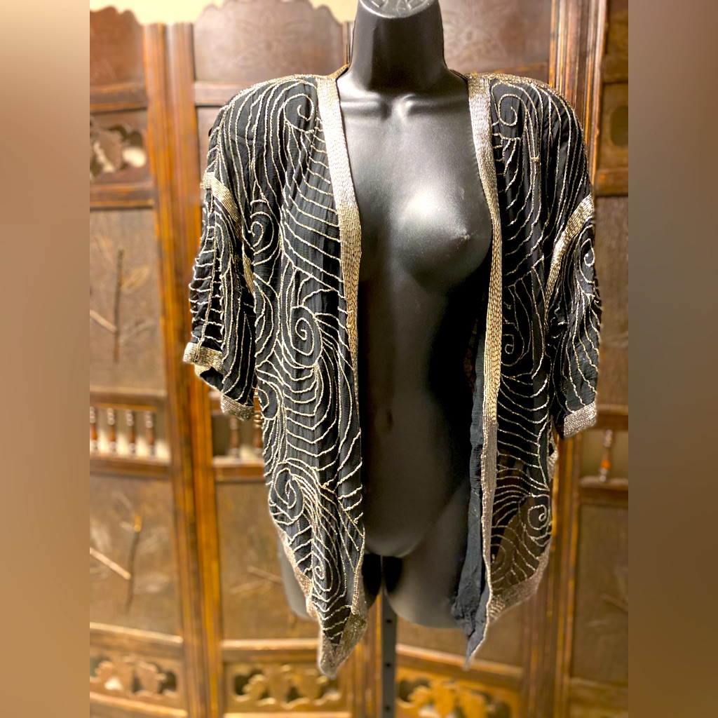 Stunning, Exquisite 1970- 80’s Silk, Deco Glass Bead Open Jacket By St. Honore.